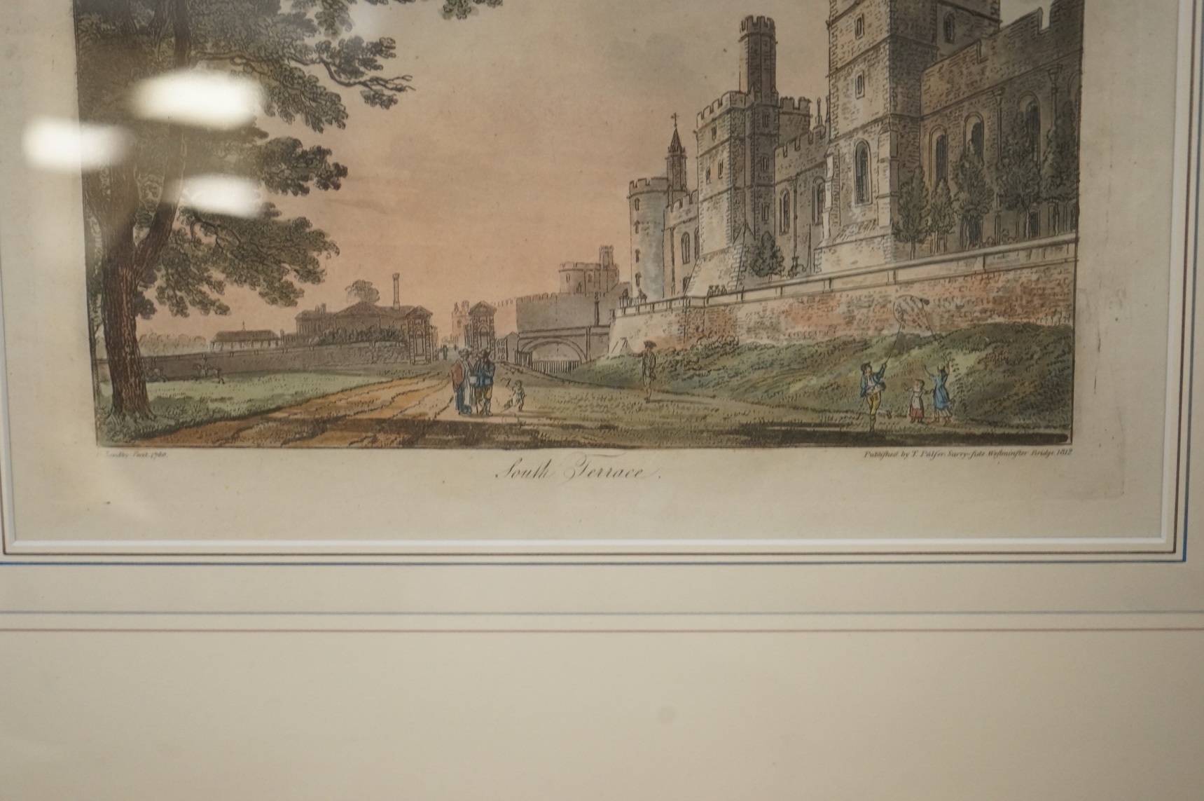 After Paul Sandby RA (1731-1809), Views of Windsor Castle and Windsor to include ‘Gate Under Queen Elizabeth’s Picture Gallery’, publ. T. Palfer, 1812, set of six colour engravings, 22 x 30cm